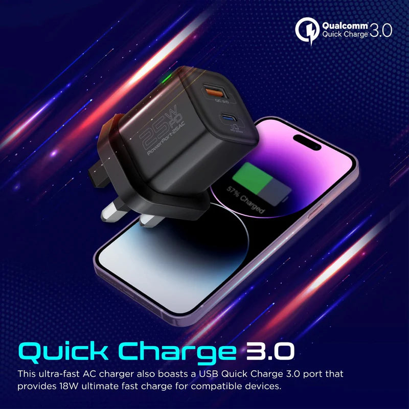 Promate 25W Ultra-Fast Dual Port AC Charger with Power Delivery and Quick Charge 3.0, Black