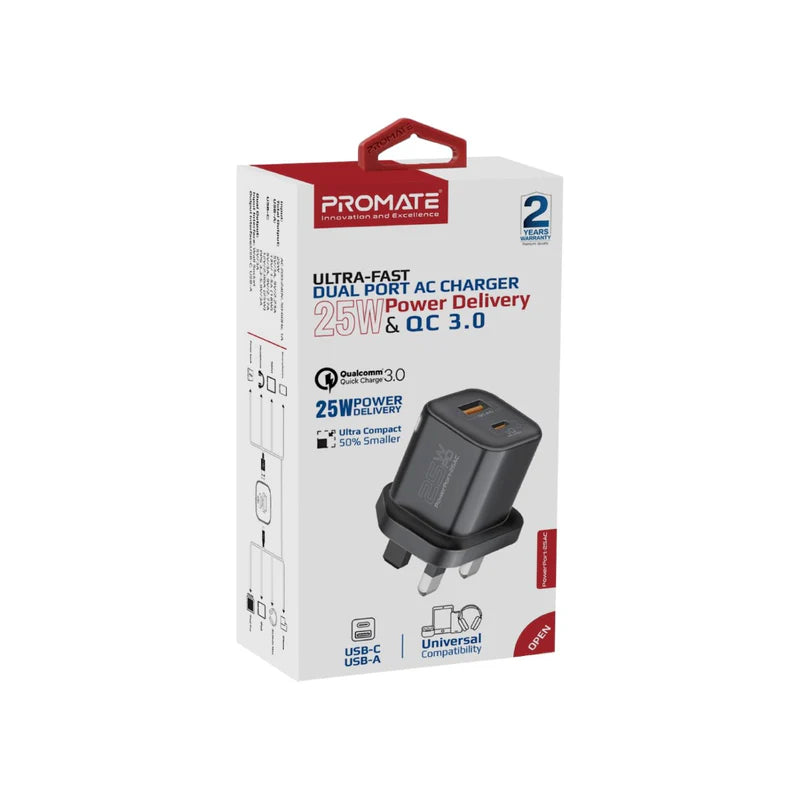 Promate 25W Ultra-Fast Dual Port AC Charger with Power Delivery and Quick Charge 3.0, Black