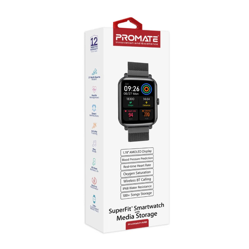 Promate Superfit™ Smartwatch With Media Storage, Graphite