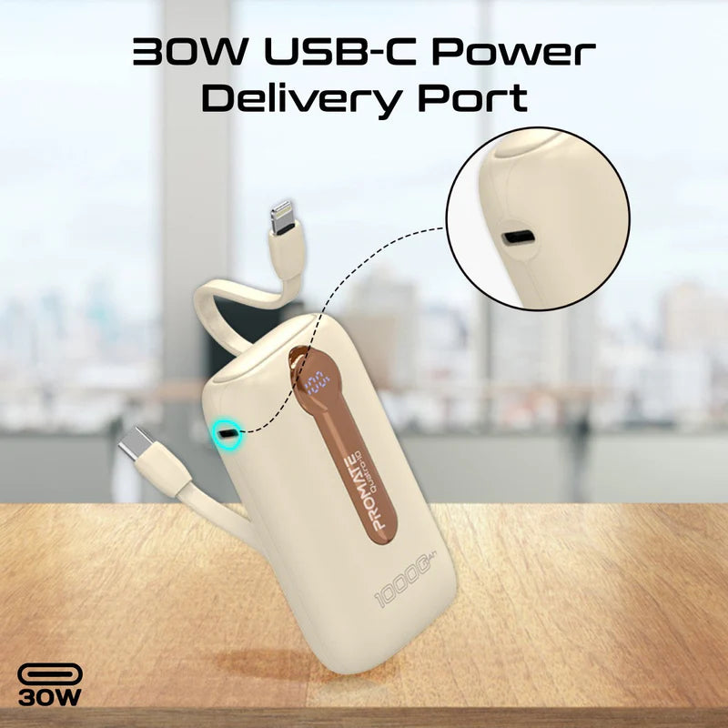 Promate 4-Piece 10000Mah Power Bank Charging Set (12W, Built-In Usb-C and Lightning Cables)