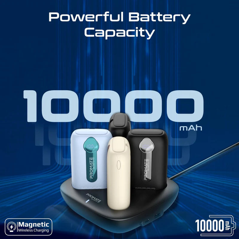 Promate 4-Piece 10000Mah Power Bank Charging Set (12W, Built-In Usb-C and Lightning Cables)