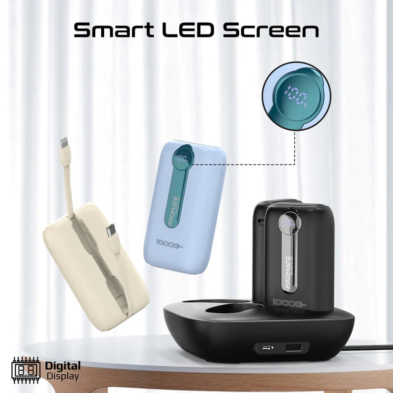 Promate 4-Piece 10000Mah Power Bank Charging Set (12W, Built-In Usb-C and Lightning Cables)