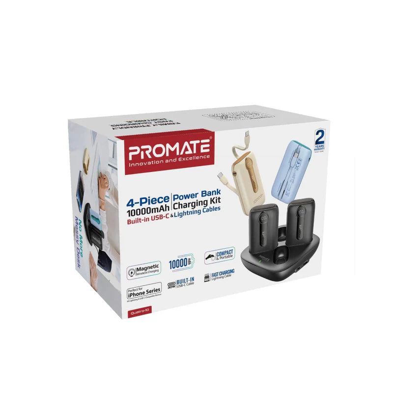 Promate 4-Piece 10000Mah Power Bank Charging Set (12W, Built-In Usb-C and Lightning Cables)