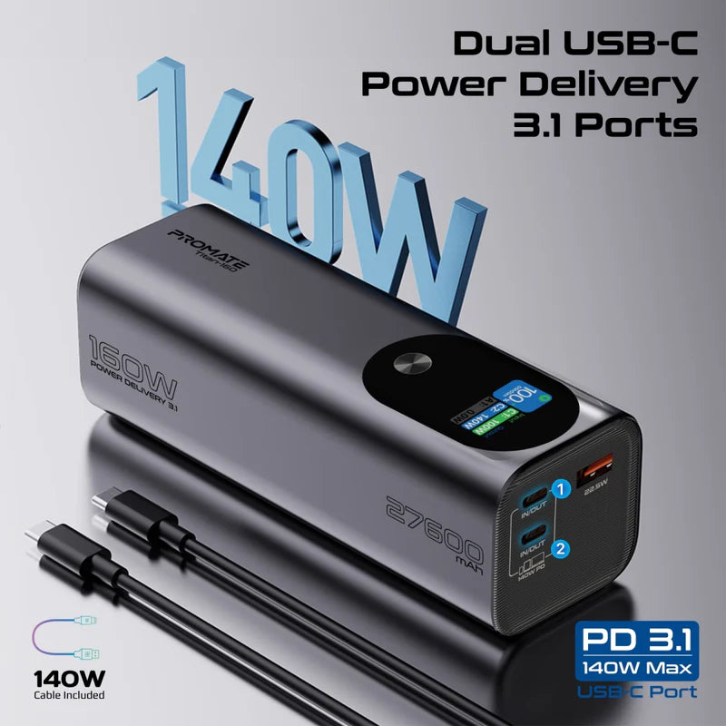 Promate 27600Mah Ultra-Compact 160W Multi-Port Pd 3.1 Power Bank With Tft Lcd Screen