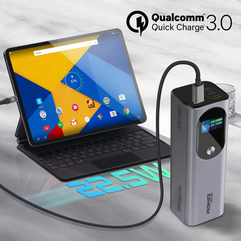 Promate 27600Mah Ultra-Compact 160W Multi-Port Pd 3.1 Power Bank With Tft Lcd Screen