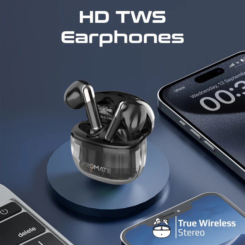 Promate High Definition Transparent TWS Earbuds with IntelliTouch, Black