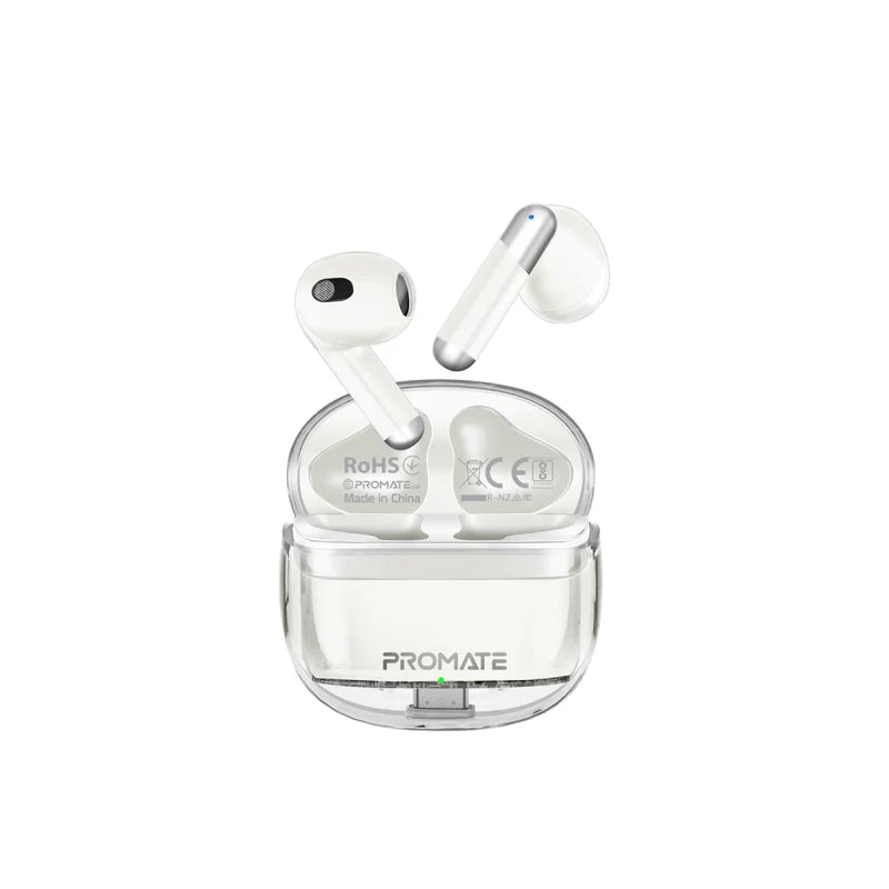Promate High Definition Transparent Tws Earbuds With Intellitouch,White