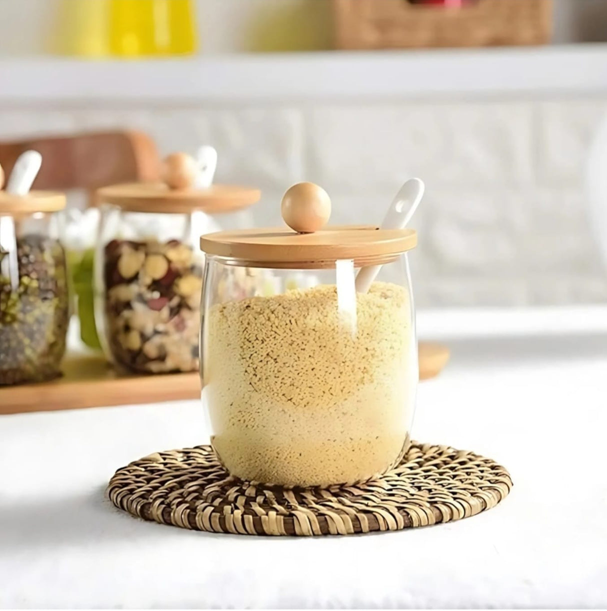 Set of 6 Seasoning Box, Glass Storage Container With Bamboo Lid Spoon and Tray