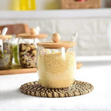 Set of 6 Seasoning Box, Glass Storage Container With Bamboo Lid Spoon and Tray
