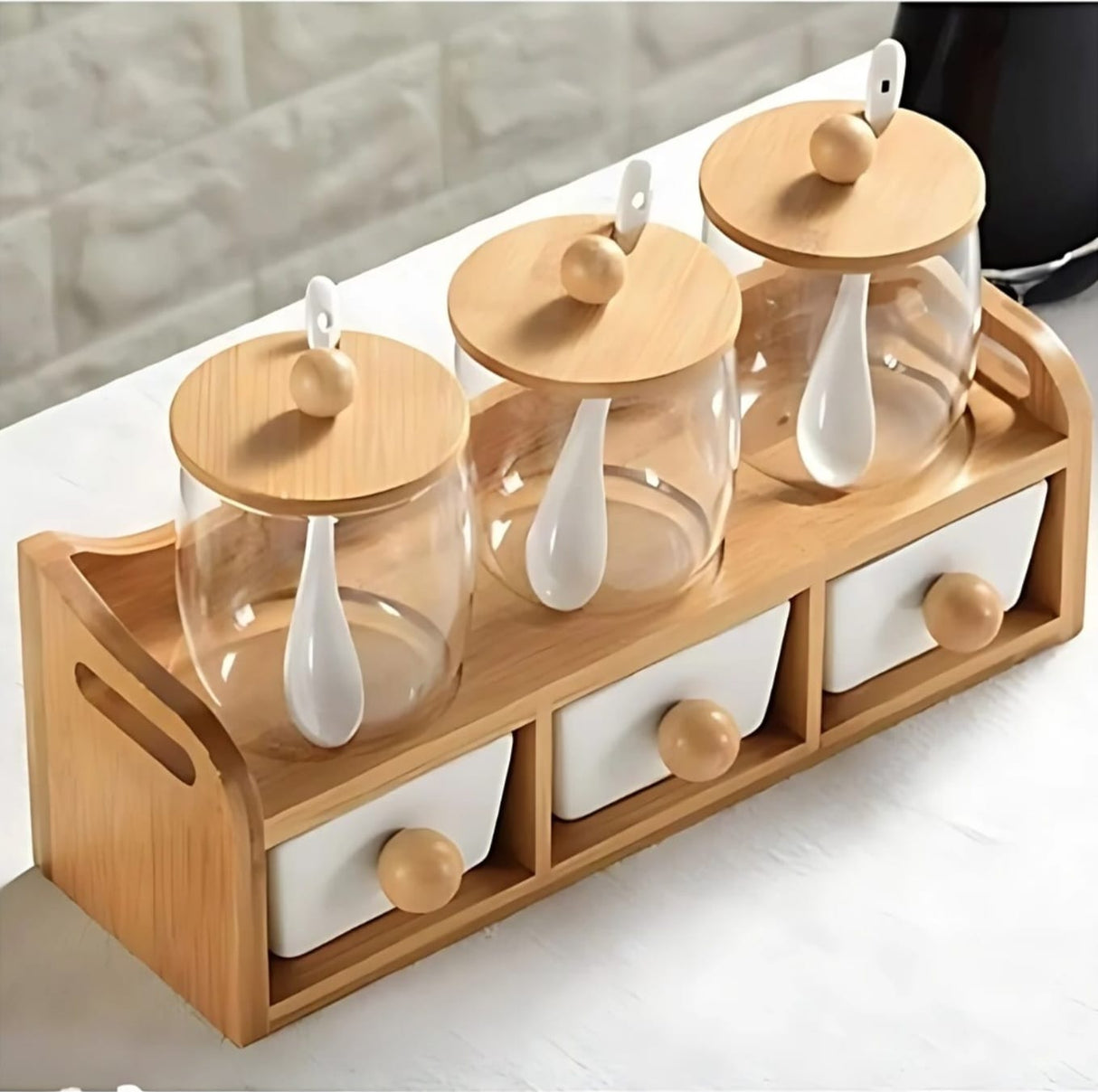 Set of 6 Seasoning Box, Glass Storage Container With Bamboo Lid Spoon and Tray