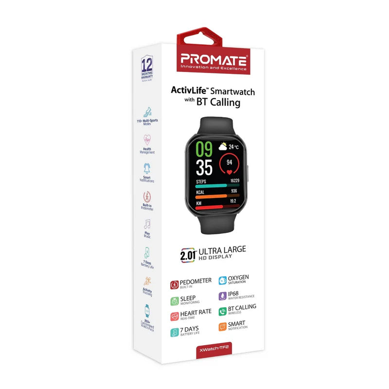 Promate 2.0" Activlife™ Smartwatch With Bt Calling, Black