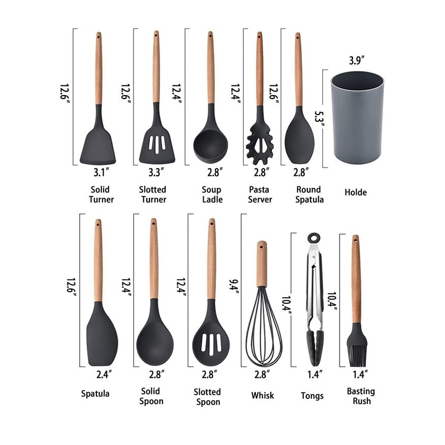 Silicone Cooking Utensils Kitchen Utensil Set, 12 Pcs Wooden Handle Nontoxic Bpa Free Silicone