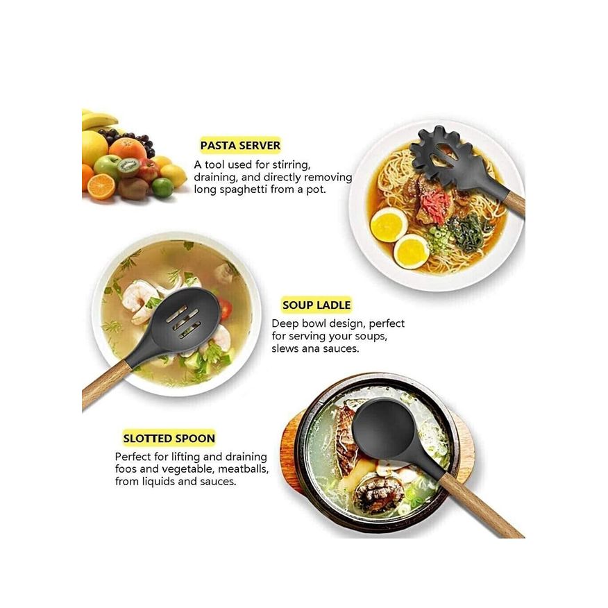 Silicone Cooking Utensils Kitchen Utensil Set, 12 Pcs Wooden Handle Nontoxic Bpa Free Silicone